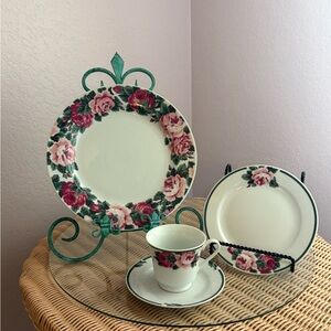 Pink and Green Floral Dinnerware Set. Four full place settings.